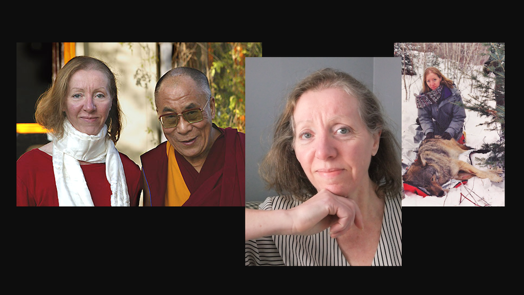 Photo collage of Sharon Begley with the Dalai Lama