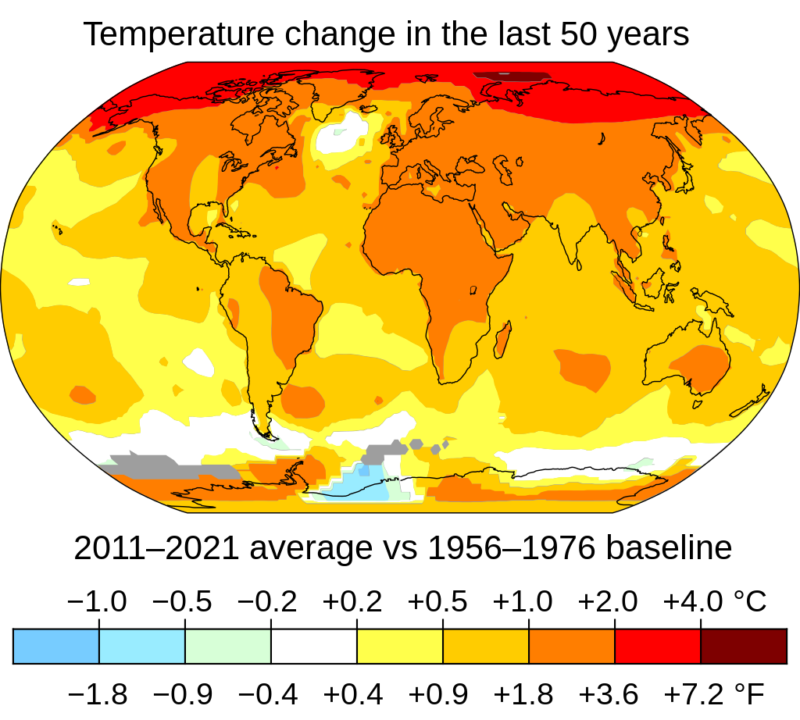 Map of global temperature change last 50 years