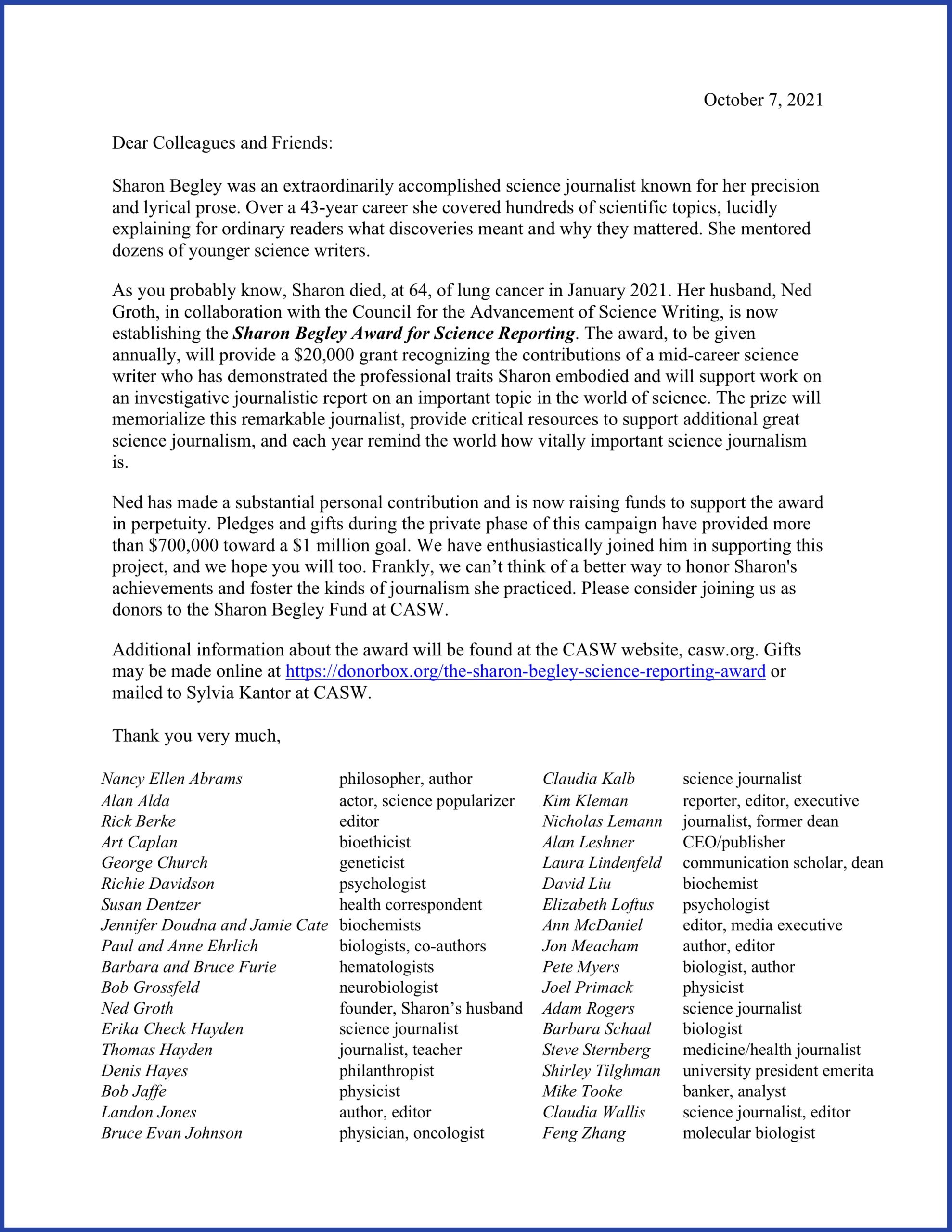 Sharon Begley Fund endorsement letter